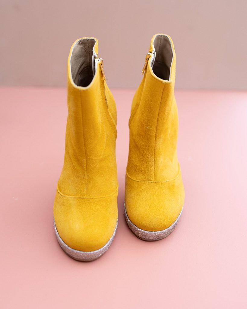 Mustard velvet platform bootie with fine silver sequins-2
