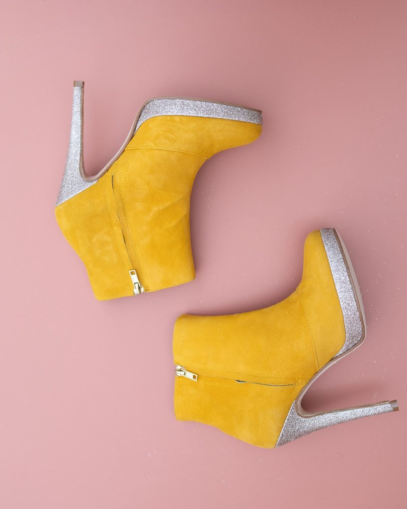 Mustard velvet platform bootie with fine silver sequins -1