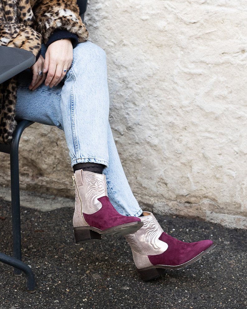 Santiag en vipérine bronze et velours grenat - Image 3