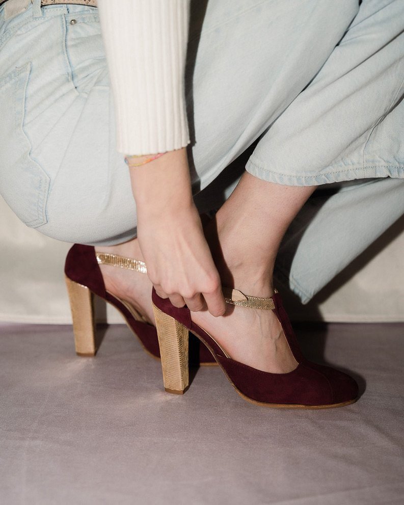 Salomé fermé en velours grenat et vipérine bronze - Image 3