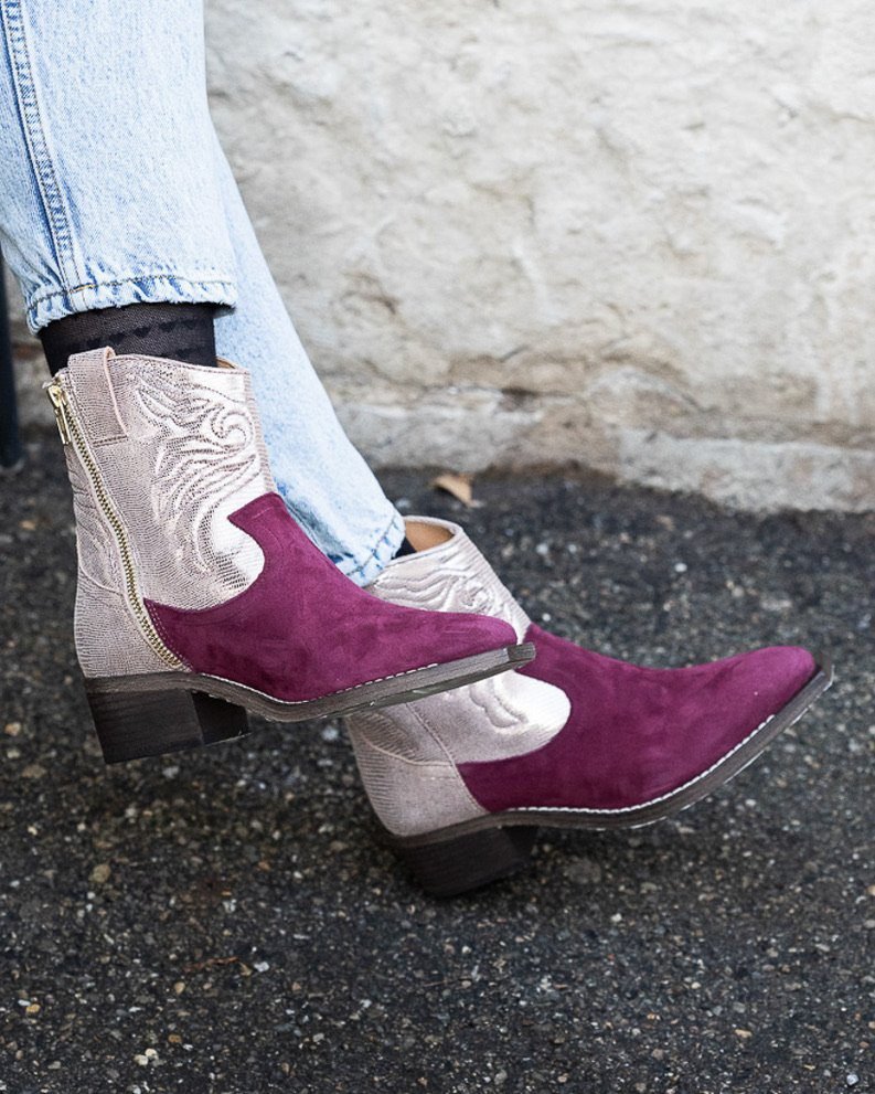 Santiag en vipérine bronze et velours grenat - Image 2