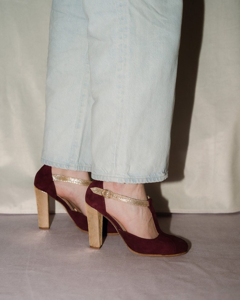 Salomé fermé en velours grenat et vipérine bronze - Image 2