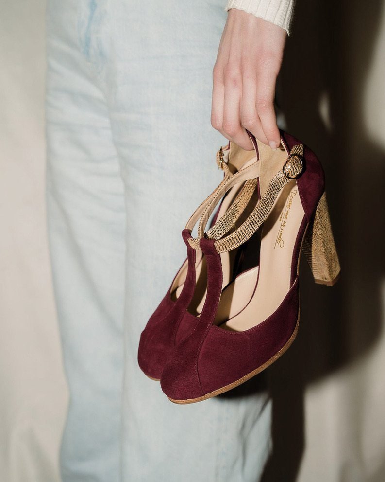 Salomé fermé en velours grenat et vipérine bronze - Image 4