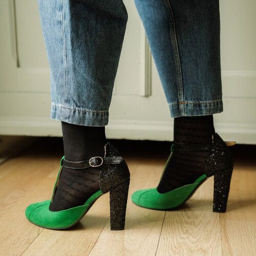 Salomé fermé en velours vert émeraude et glitter noir