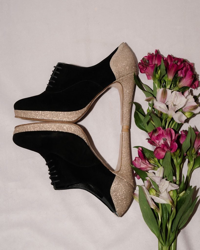 Richelieu plateforme en velours noir et or blond 2