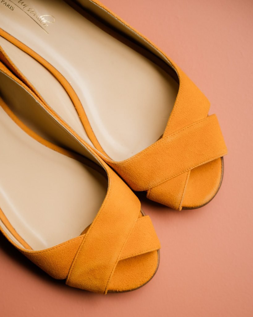 Orange velvet open-toe ballerinas