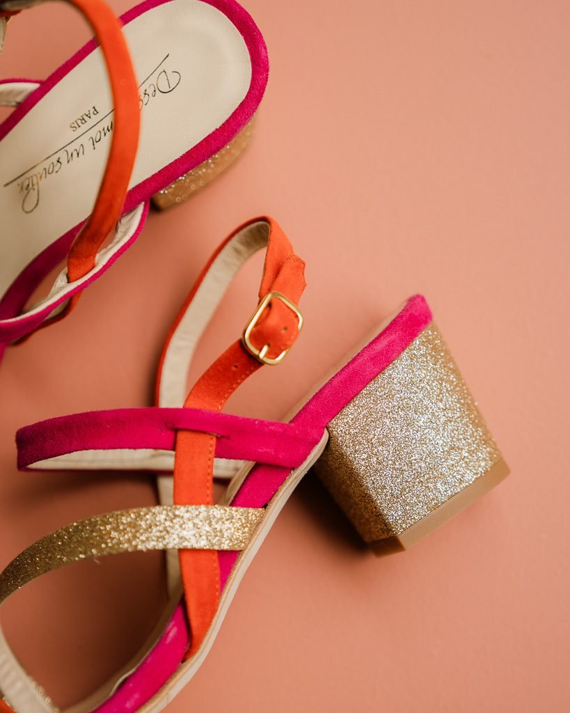 Emma high sandal in hot pink velvet, fluorescent orange and fine champagne sequins.3
