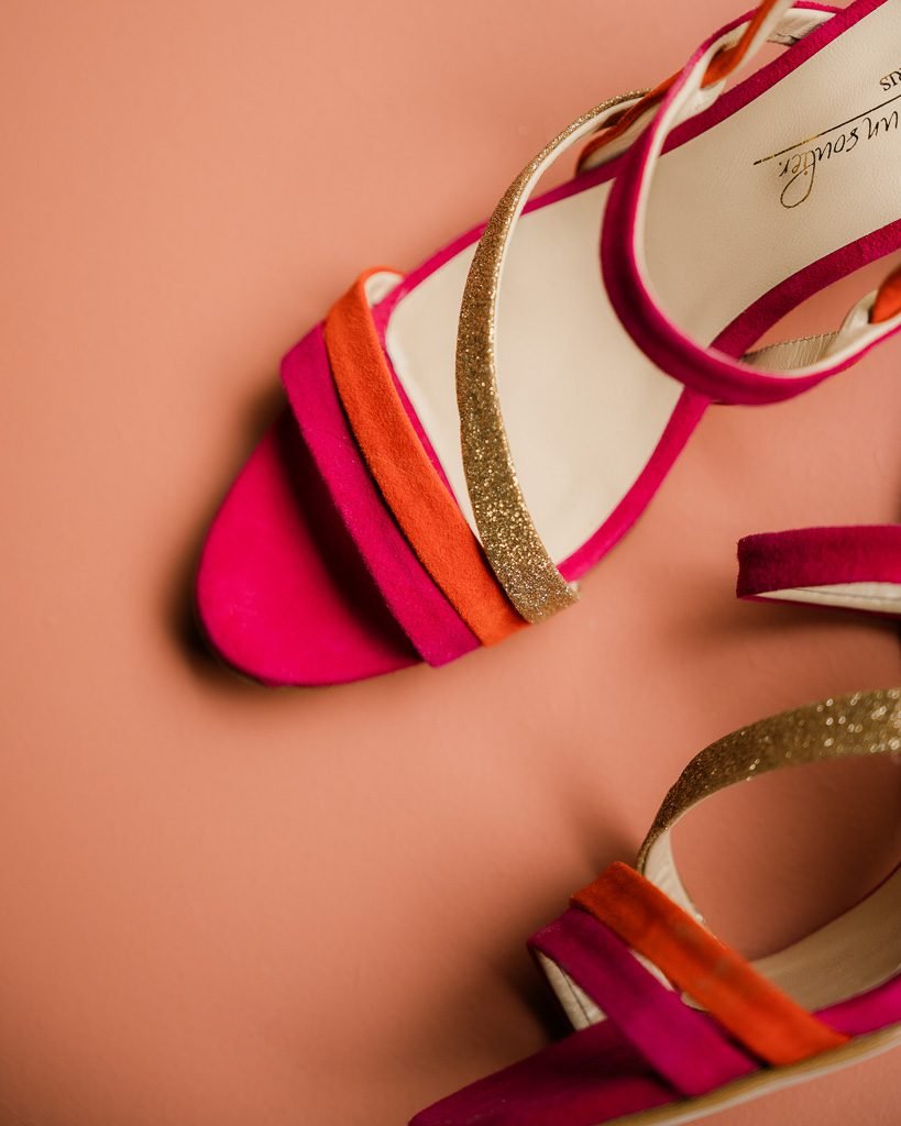 Emma high sandal in hot pink velvet, fluorescent orange and fine champagne glitter.