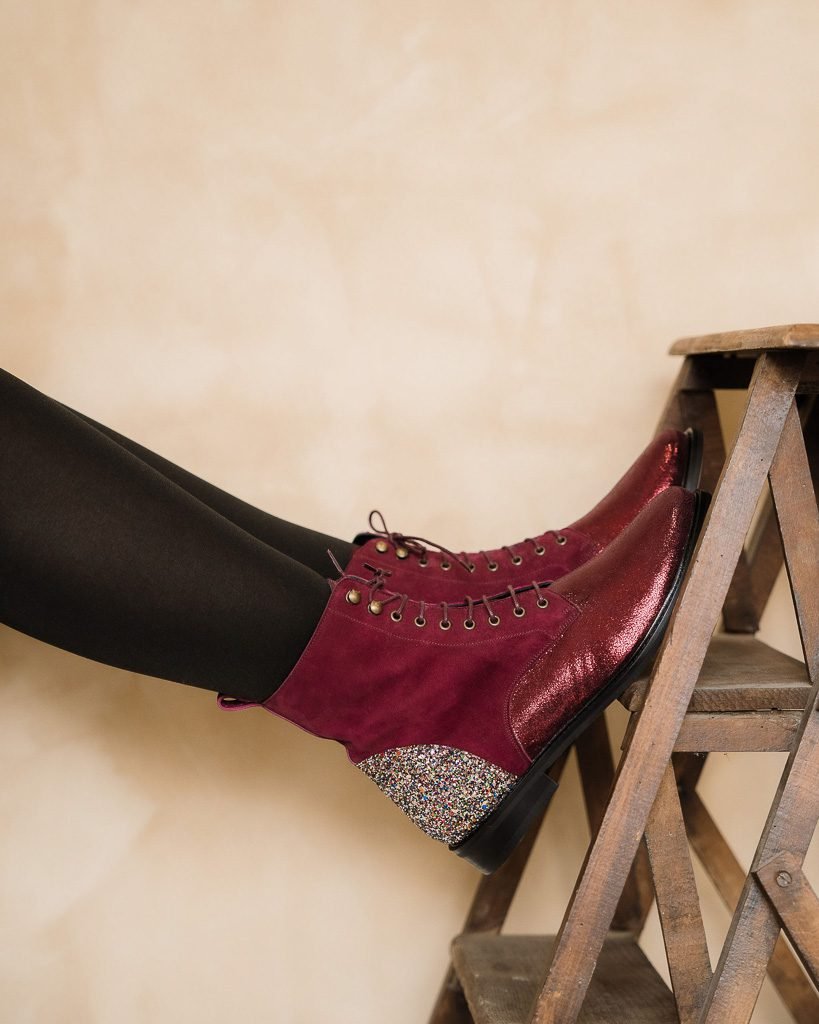 Billie boots in garnet velvet, garnet iridescence and multicolored glitter 2