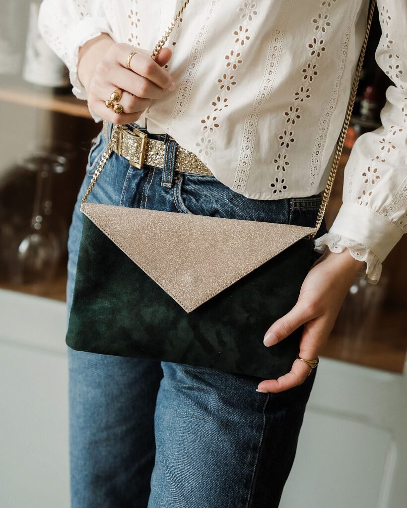 Pochette de cérémonie vert sapin et dorée