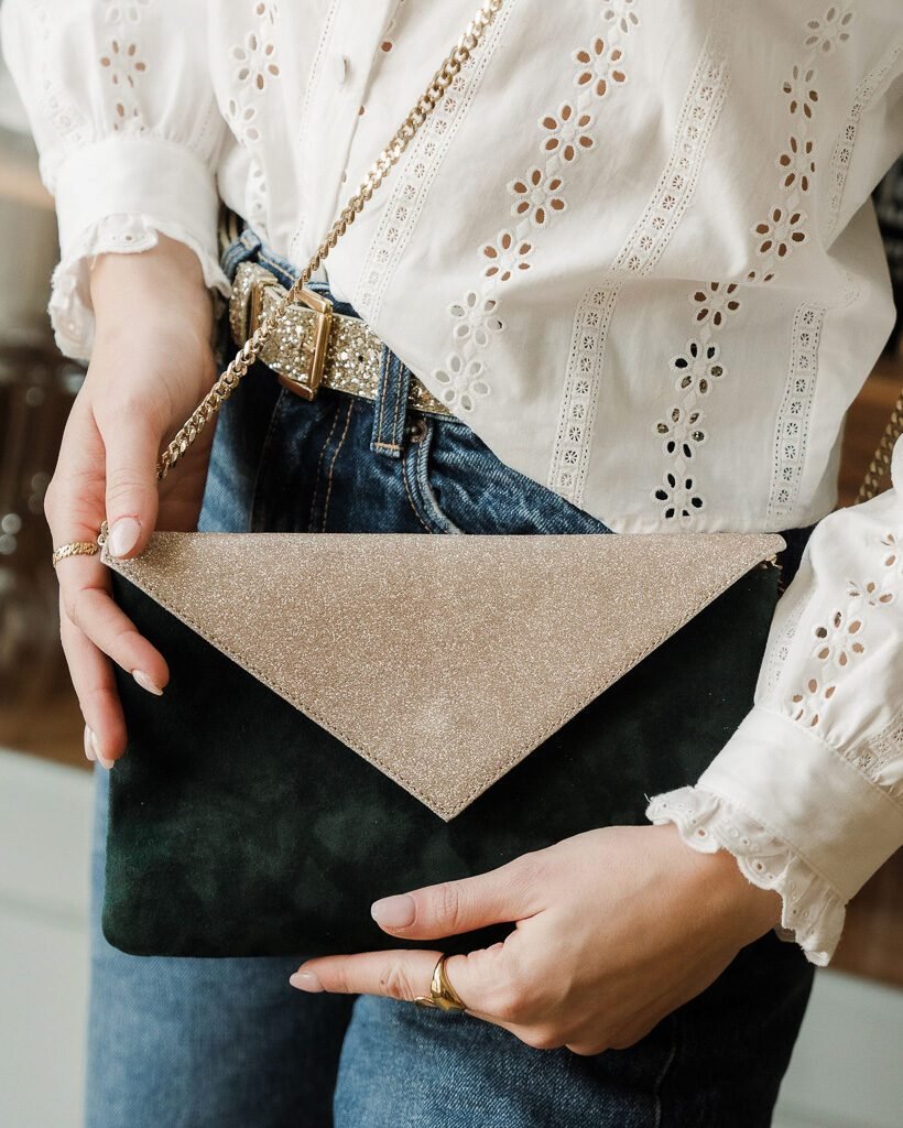 Pochette de cérémonie vert sapin et dorée-2