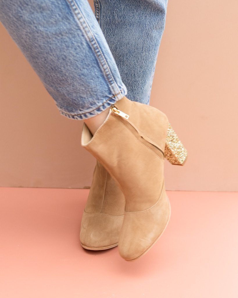 Camel velvet and champagne glitter bootie