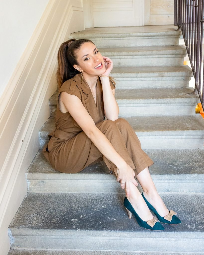 Escarpin pointu en velours sapin et paillettes champagne 4