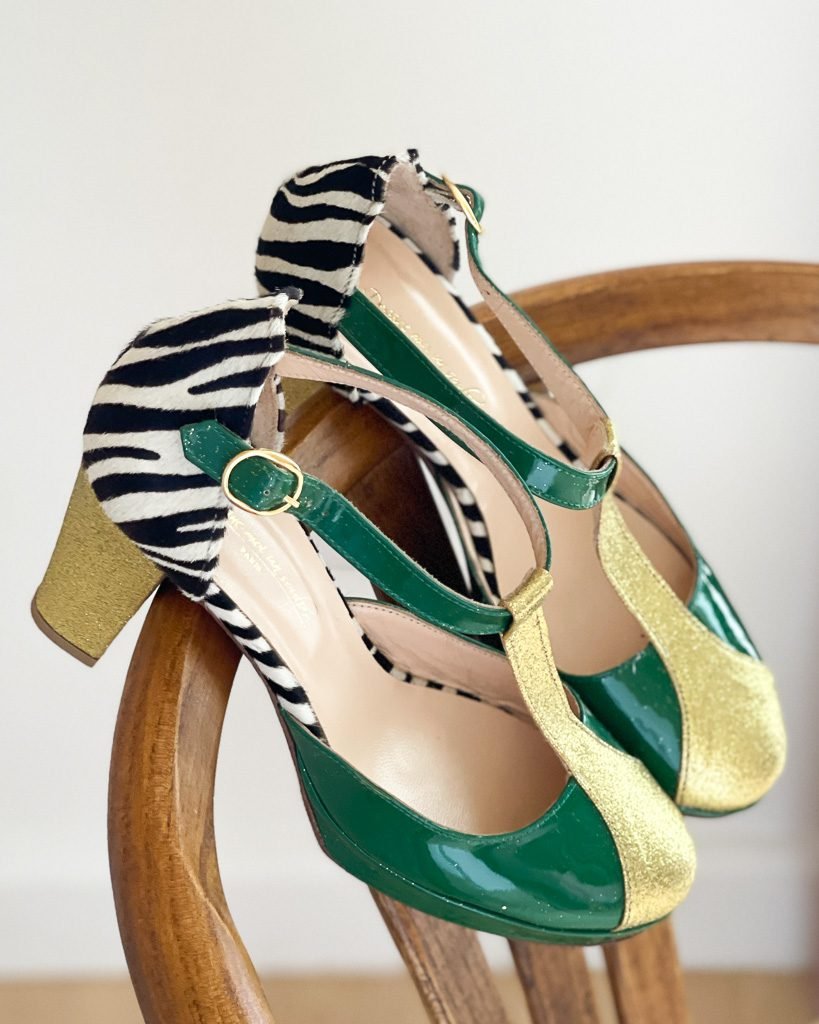 Platform Salomé in zebra fur, green patent leather and fine gold sequins-3
