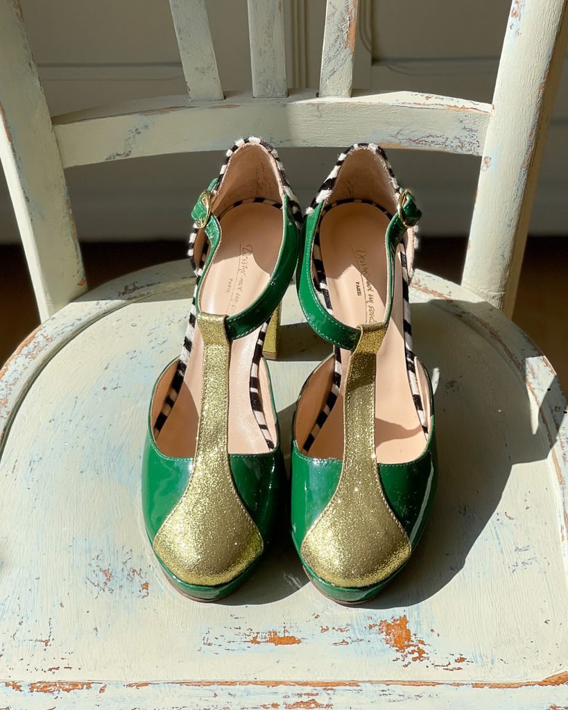 Platform Salomé in zebra fur, green patent leather and fine gold sequins-2