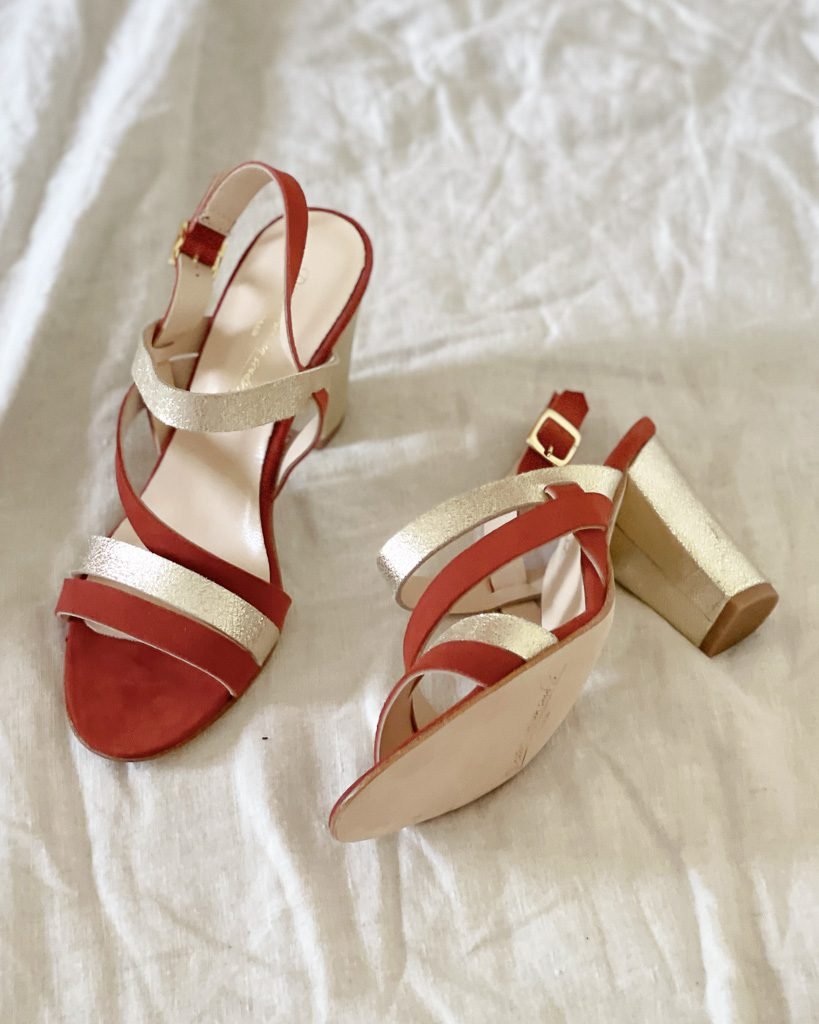 emma high sandal in terracotta velvet and champagne iridescence