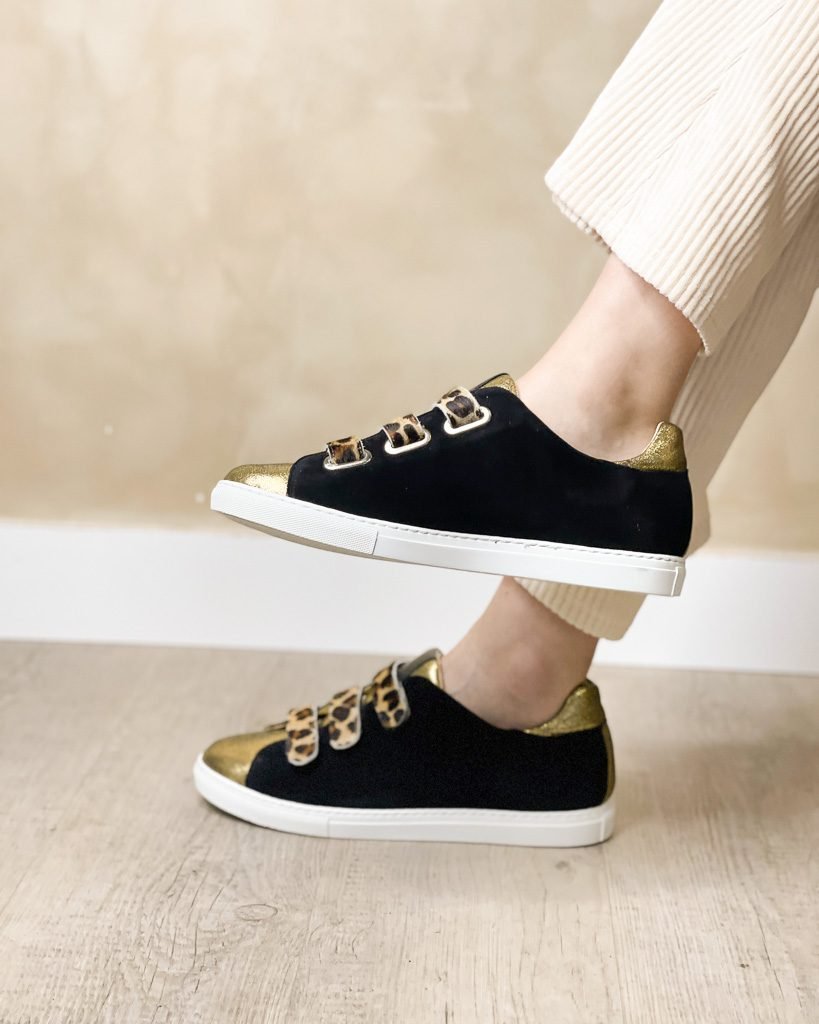 Black velvet, leopard fur and bronze iridescent sneaker