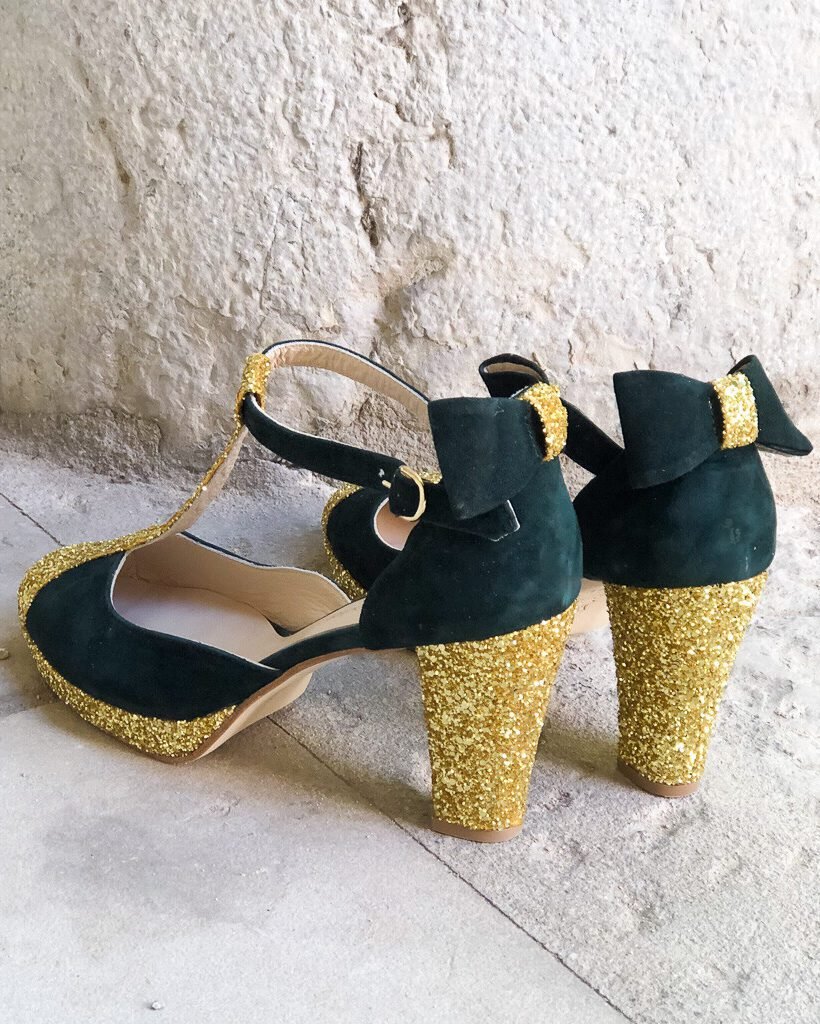 Salomé plateforme en velours vert sapin et glitter or - Image 3