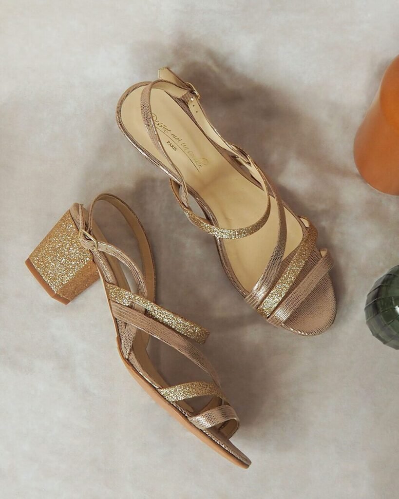 Emma sandal with heels in fine champagne glitter and bronze viperine