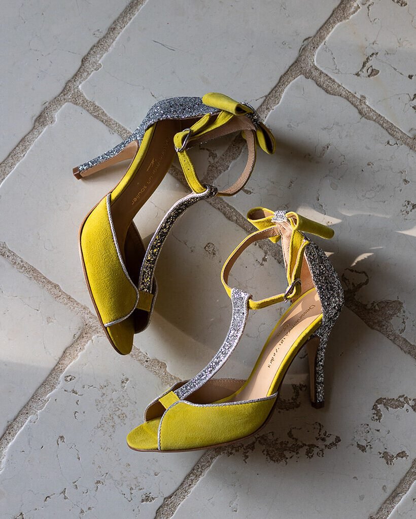 Charlotte en cuir velours jaune fluo et glitter argent-2