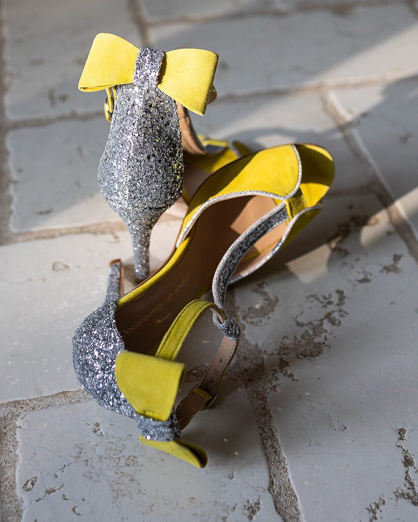 Charlotte en cuir velours jaune fluo et glitter argent-3