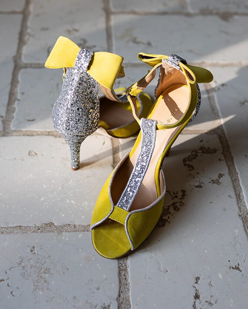 Charlotte en cuir velours jaune fluo et glitter argent-4