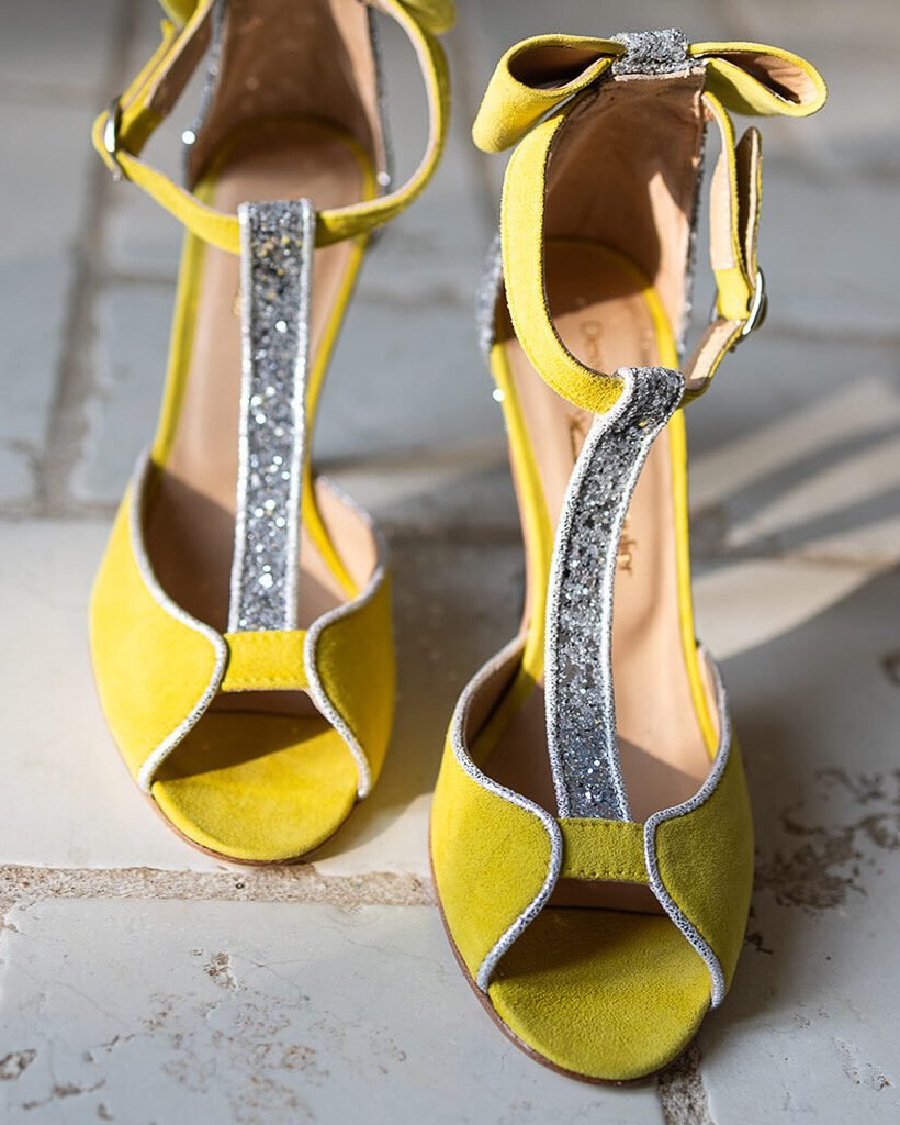 Charlotte en cuir velours jaune fluo et glitter argent-5