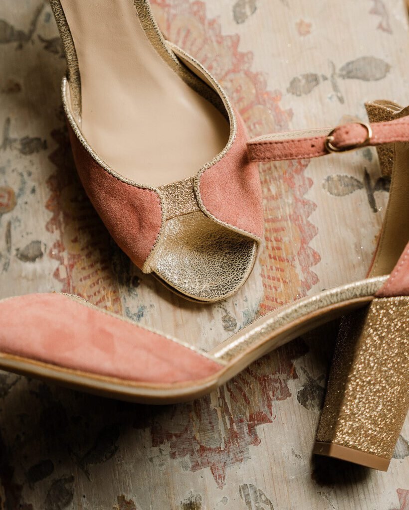 Charlotte high in tea-pink velvet and fine champagne sequins