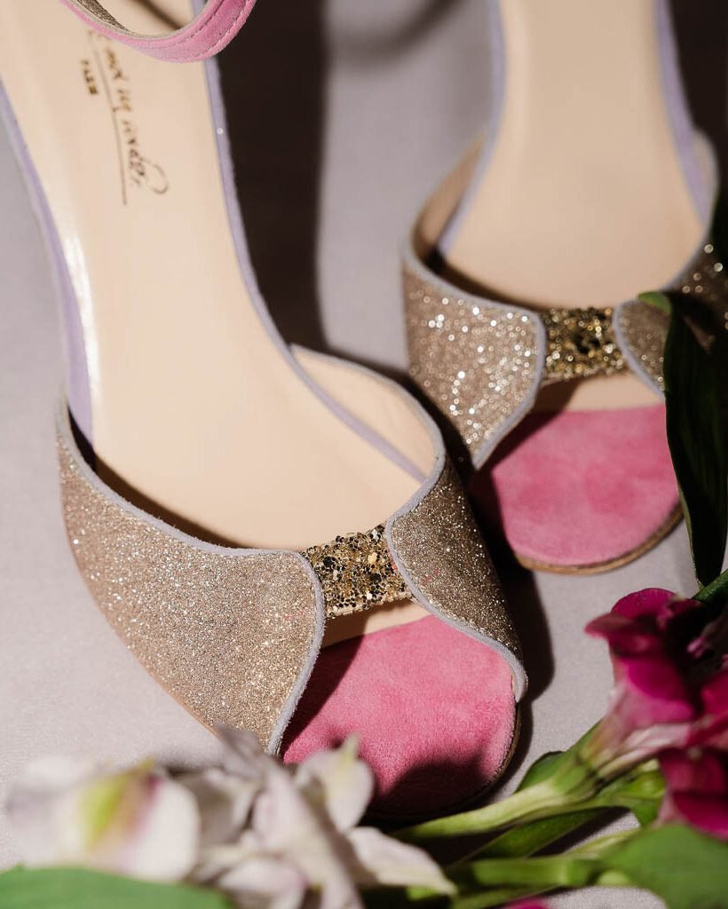 Charlotte sandal in fine blond gold sequins, candy pink velvet and mauve velvet-2