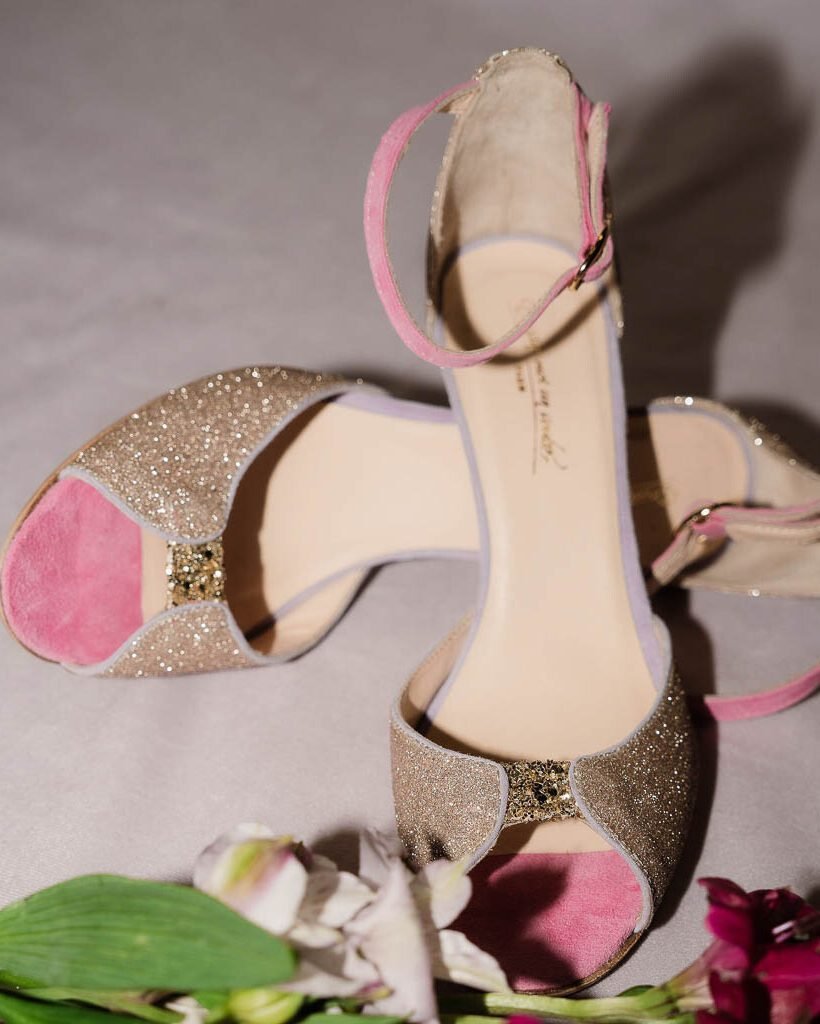 Charlotte sandal in fine blond gold sequins, candy pink velvet and mauve velvet-3