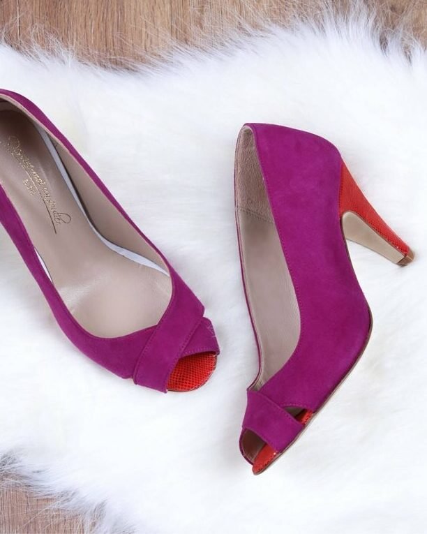 Escarpin velours fuschia et vipérine rouge