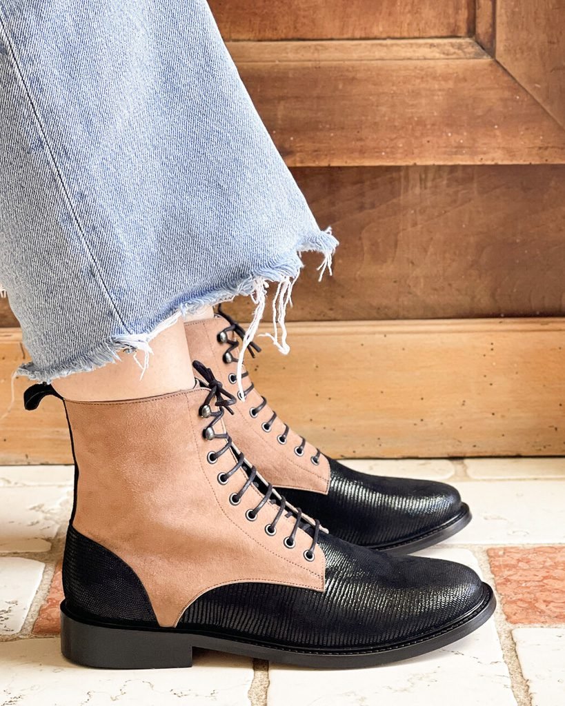 Billie ankle boot in rosewood suede and black viperine