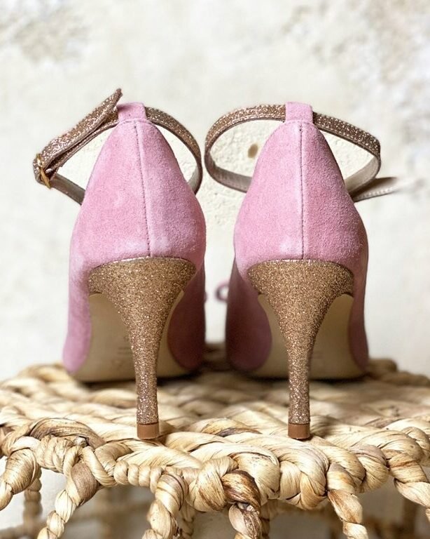 Escarpin bout rond en velours blush et fine paillette champagne-3