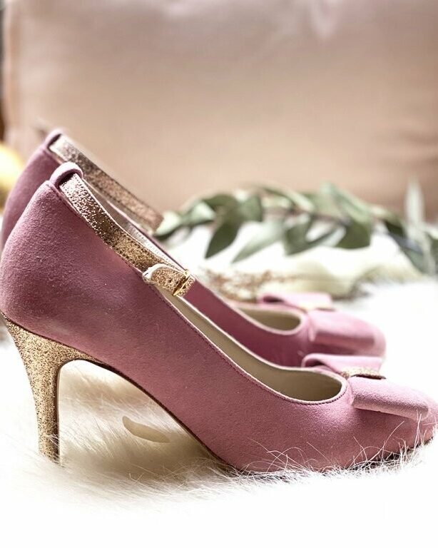 Escarpin bout rond en velours blush et fine paillette champagne-2