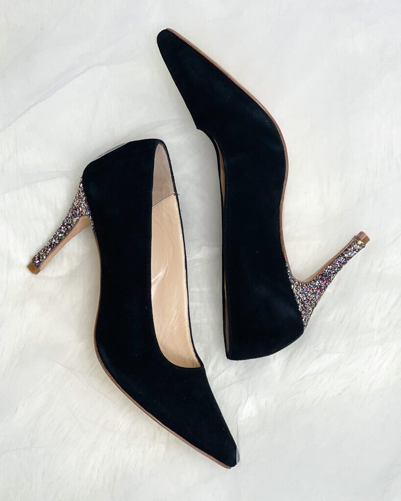 Escarpin pointu en velours noir et glitter multicolore