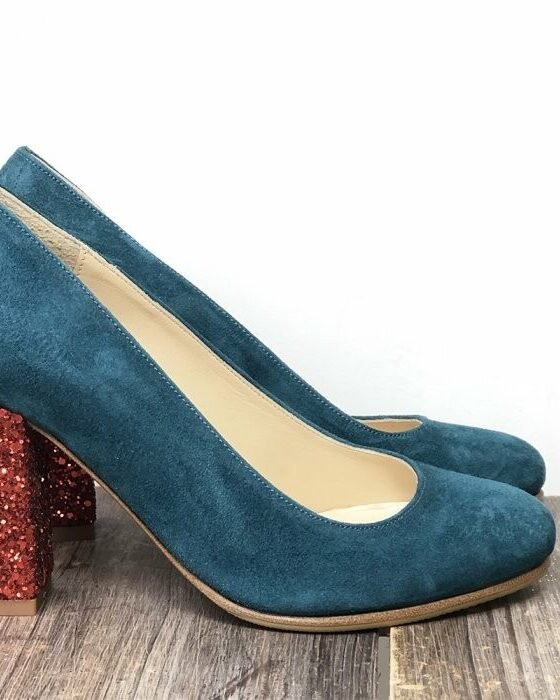 Escarpin in duck blue velvet and red glitter-2