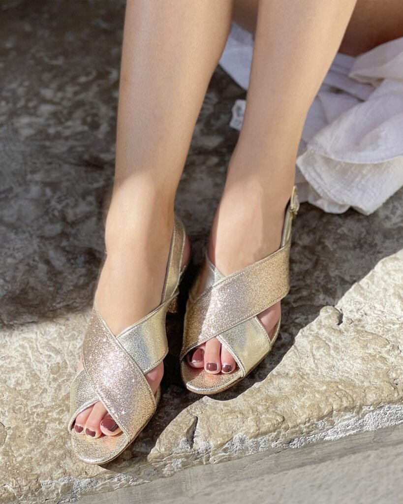 Adèle sandal in iridescent and fine champagne glitter