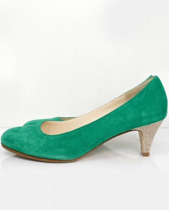 Escarpin fermé en velours vert émeraude et fine paillette or blond-4