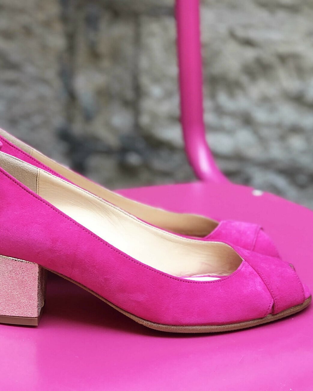 Velvet cross-strap pump in hot pink and iridescent silver