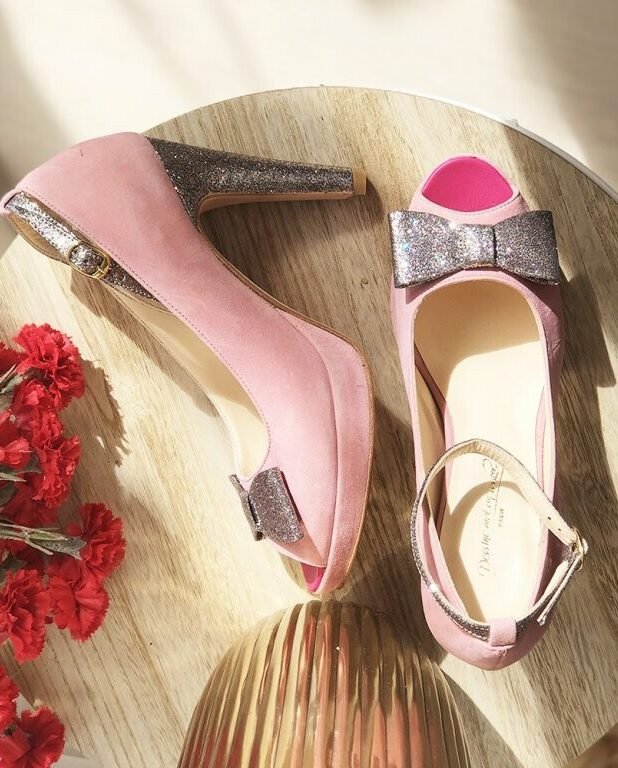 Platform pump in blush velvet and fine multicolored sequins-2