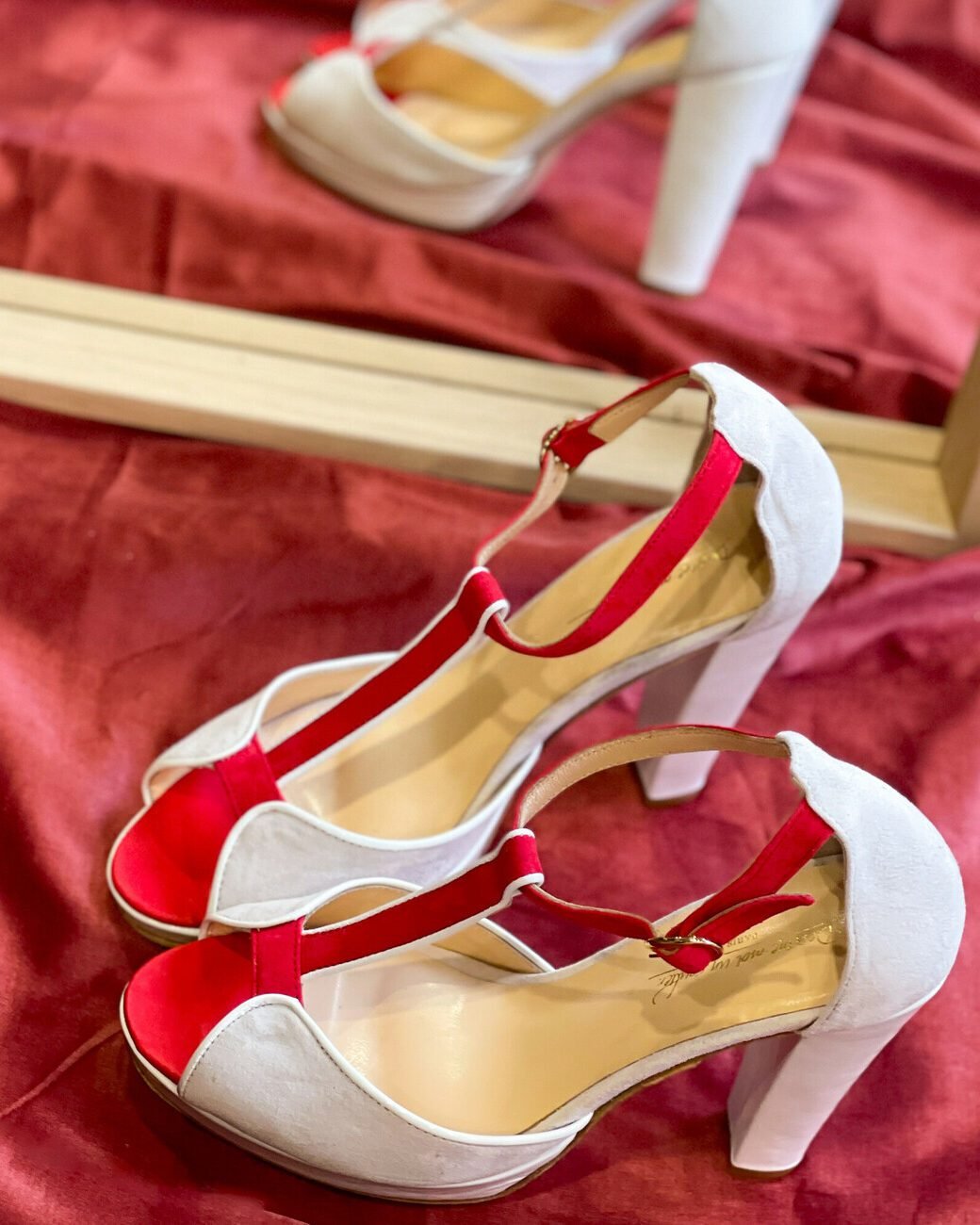 Charlotte platform sandal in off-white velvet, red velvet, white patent and smooth red leather-2