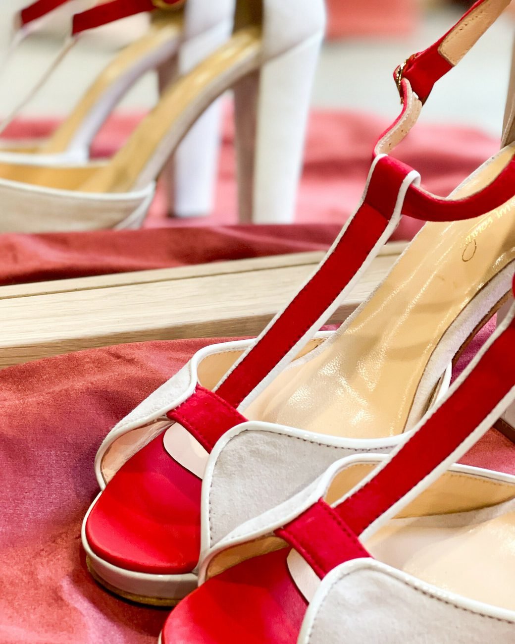 Charlotte platform sandal in off-white velvet, red velvet, white patent and smooth red leather-3