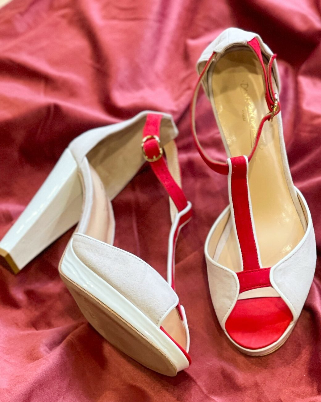 Charlotte platform sandal in off-white velvet, red velvet, white patent and smooth red leather