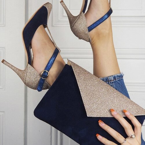 Navy suede leather clutch bag with fine blond gold sequins