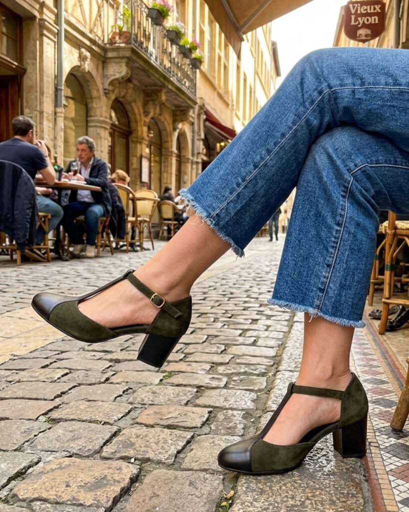 Salomé in khaki velvet and smooth black leather