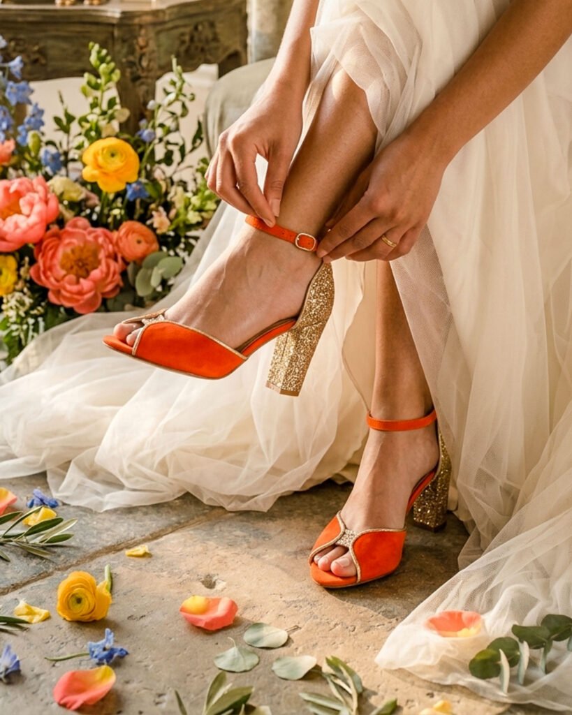 Charlotte sandal in fluorescent orange velvet
