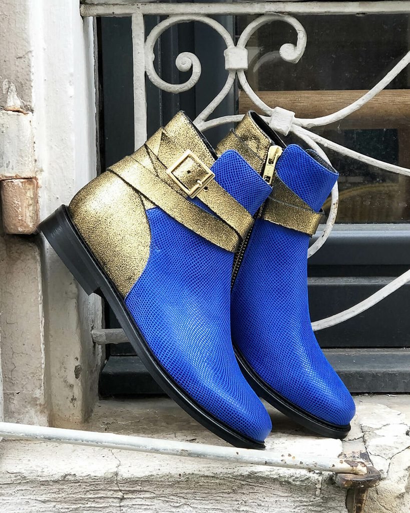 Boots Carla en vipérine bleue et irisé bronze