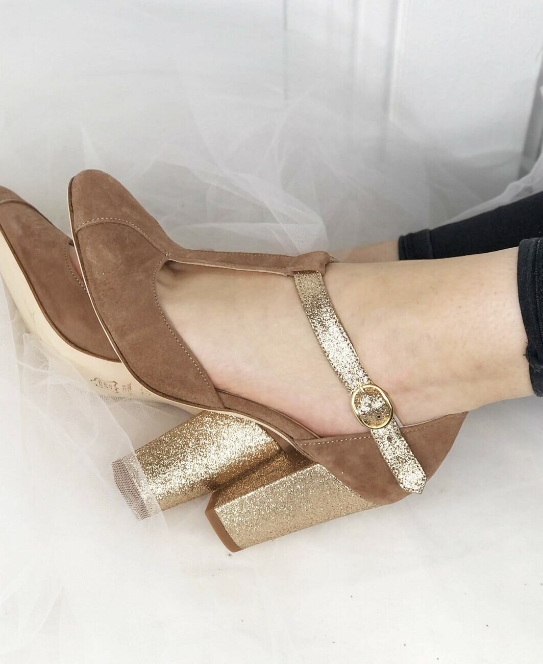 Salomé en velours bois de rose et paillettes champagne