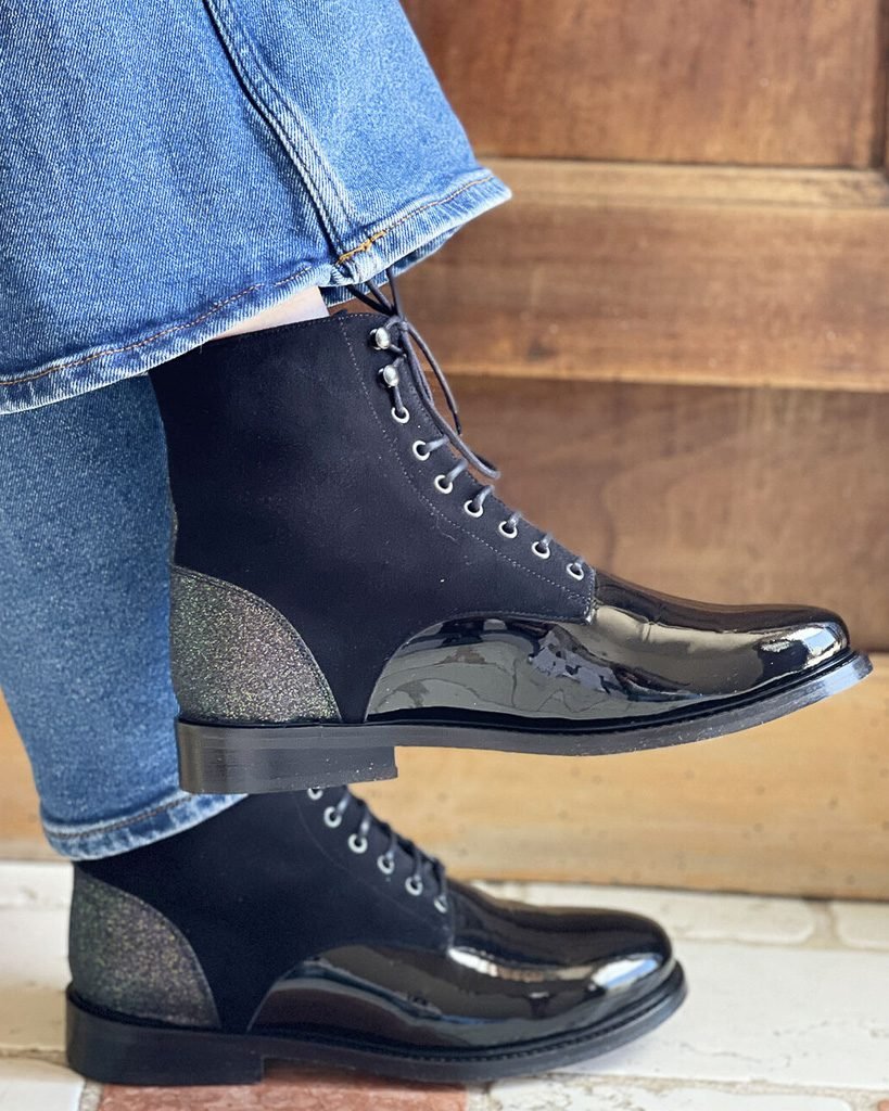 Bottine Billie en velours et vernis noir, paillettes starlight