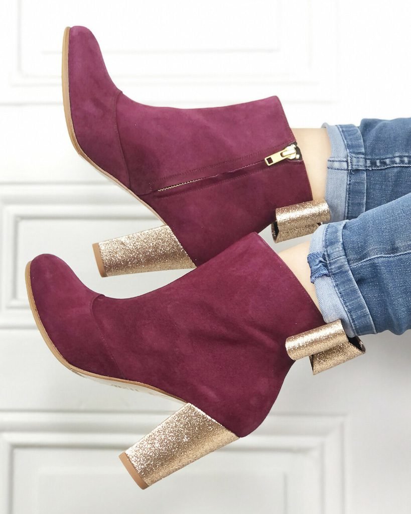 Bottines à talons en velours grenat et fine paillette champagne